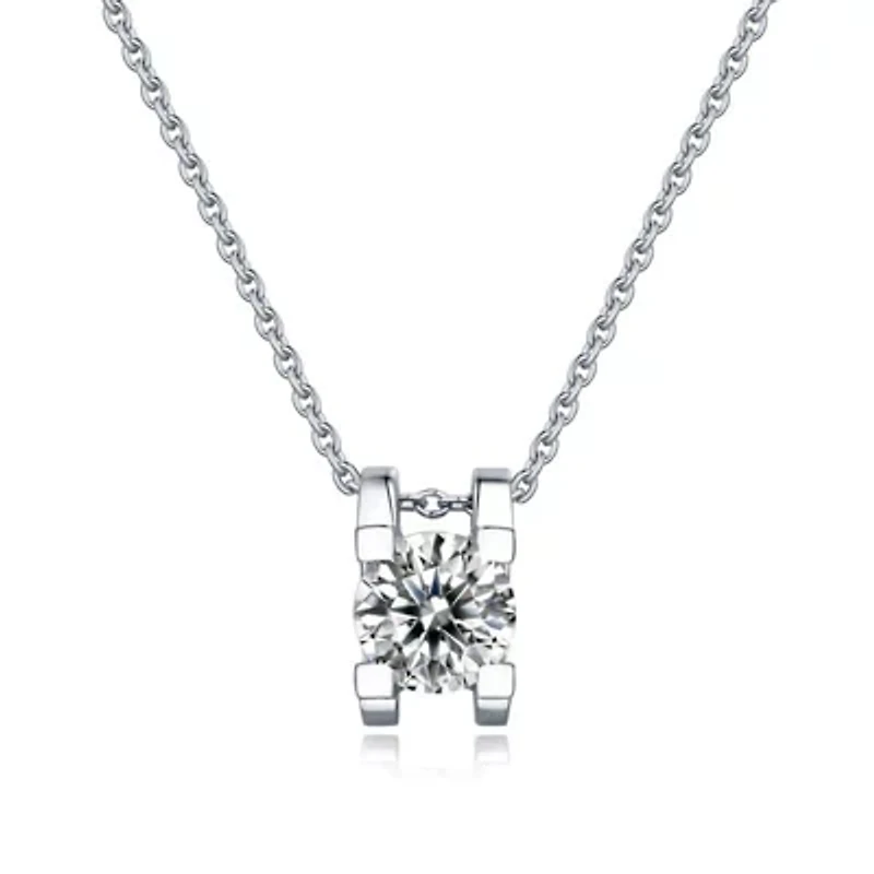 Sterling Silver White Gold Plated with 1ct Lab Created Moissanite Round Solitaire Slide Pendant Necklace