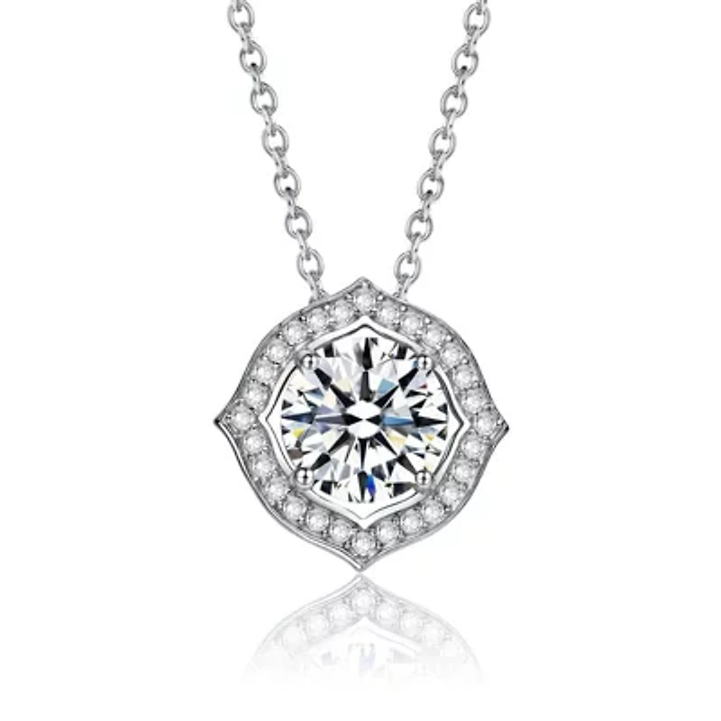 Sterling Silver White Gold Plated with Clear 1ctw Lab Created Moissanite Round Halo Vintage Style Pendant Necklace