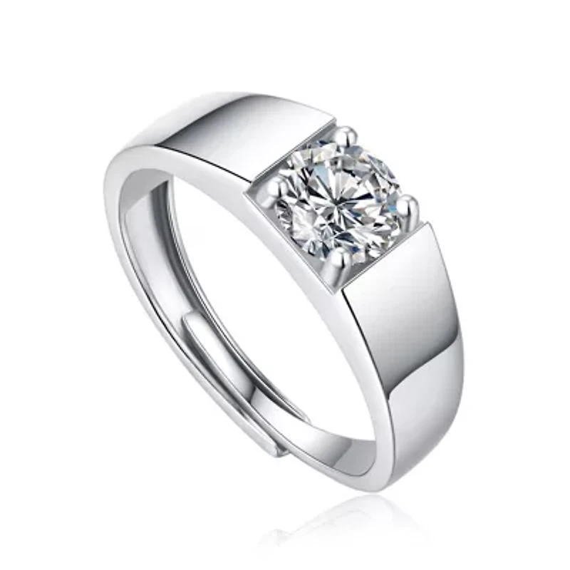 Sterling Silver White Gold Plated with 0.50ct Round Lab Created Moissanite Flush Set Solitaire Men Women Anniversary Adjustable Ring