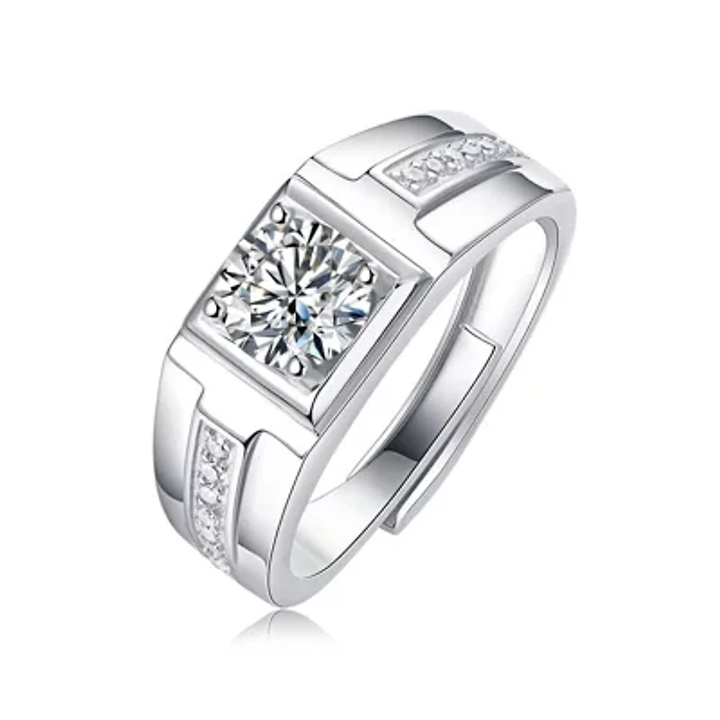 Sterling Silver White Gold Plated 1ctw Princess Cut Lab Created Moissanite Solitaire Pave Trim Men & Women Anniversary Adjustable Ring