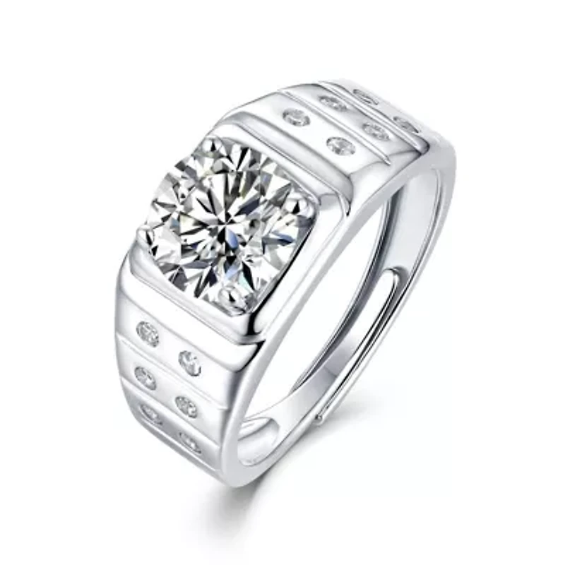 Sterling Silver White Gold Plated with 1.25ctw Lab Created Moissanite Solitaire & Bezel Sides Engagement Men Women Anniversary Adjustable Ring