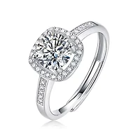 Lab Created Sterling Silver White Gold Plated with Clear 0.50ct Princess Lab-Grown Moissanite Halo Engagement Adjustable Ring