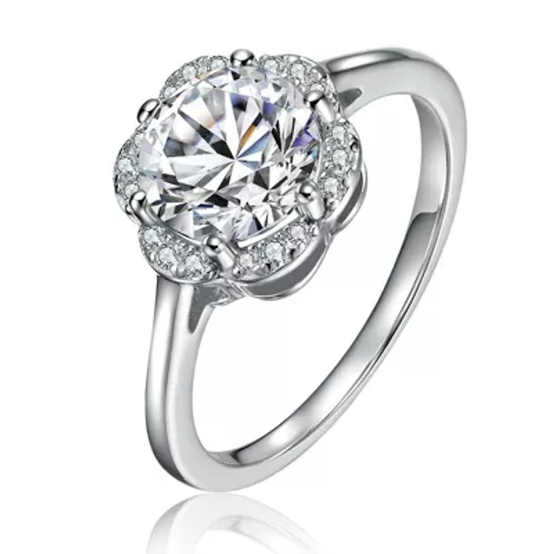 Lab Created Sterling Silver White Gold Plated with Clear 3.5CT Round Lab-Grown Moissanite Flower Cluster Engagement Ring
