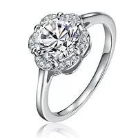 Lab Created Sterling Silver White Gold Plated with Clear 3.5CT Round Lab-Grown Moissanite Flower Cluster Engagement Ring
