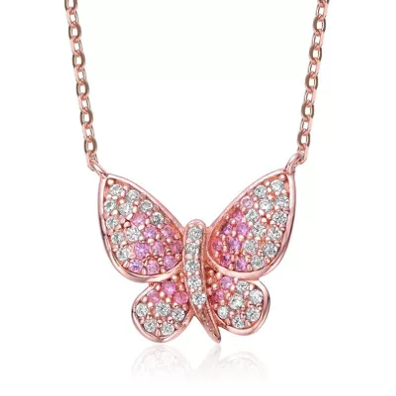 Lab Created Sterling Silver 18K Rose Gold Plated with Ruby Red Cubic Zirconia Butterfly Spring Ring Adjustable Necklace for Teens