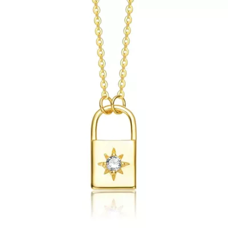 Lab Created Sterling Silver 14K Gold Plated with Clear Cubic Zirconia Spring Ring Modern Necklace for Teens