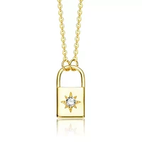 Lab Created Sterling Silver 14K Gold Plated with Clear Cubic Zirconia Spring Ring Modern Necklace for Teens