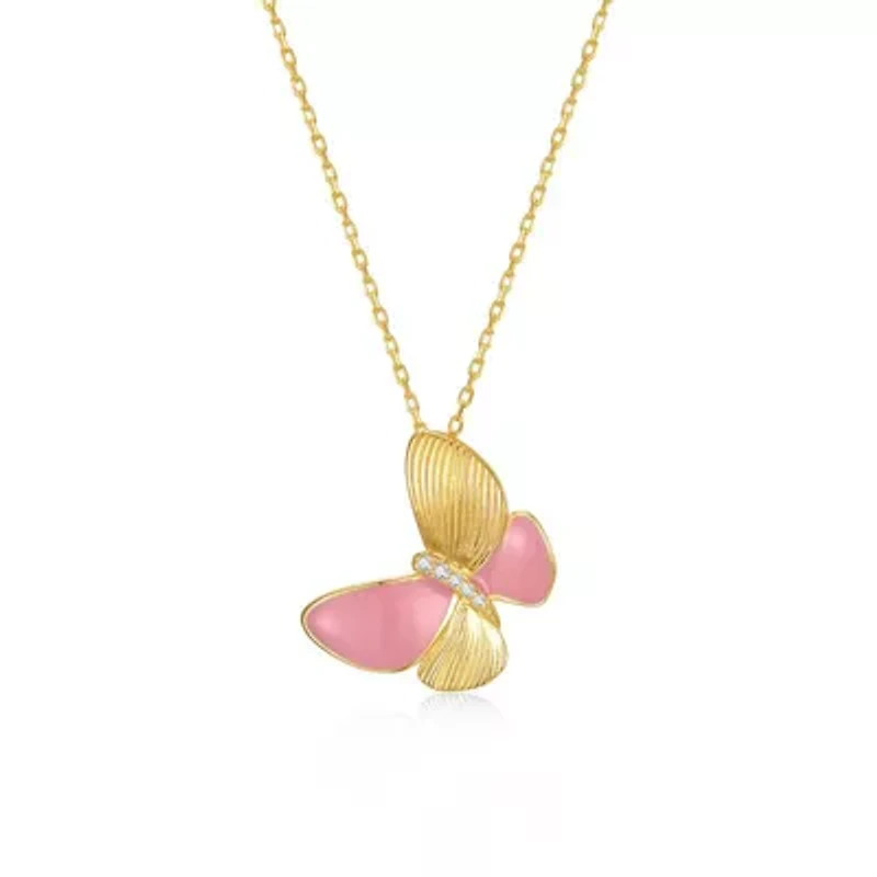 Lab Created Sterling Silver 14K Gold Plated with Pink Enamel & Clear Cubic Zirconia Butterfly Pendant Necklace for Kids