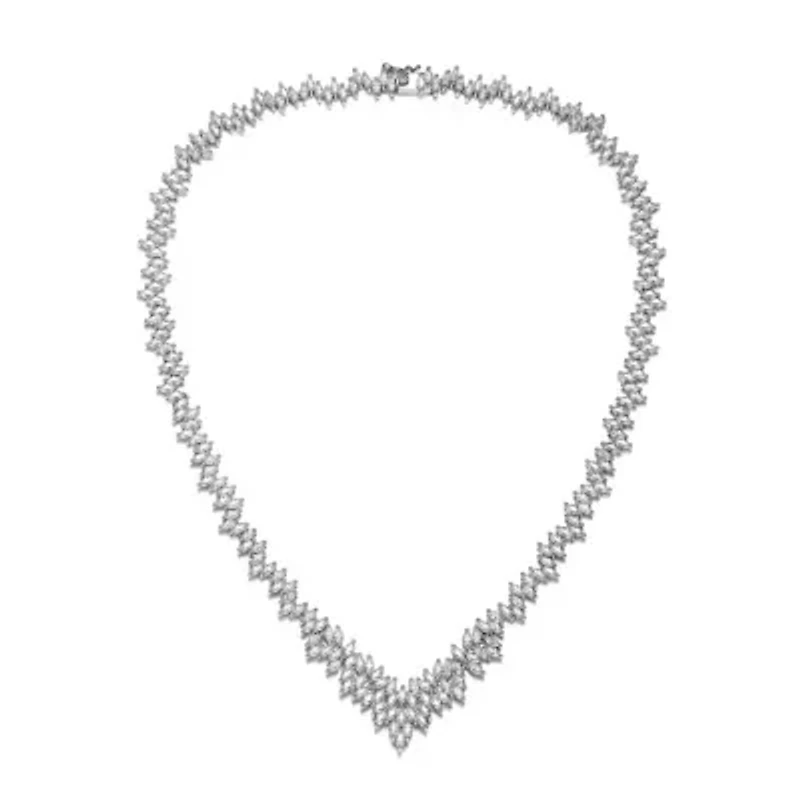 Lab Created Rozzato Sterling Silver White Gold Plated with Clear Marquise Cubic Zirconia Cluster Necklace