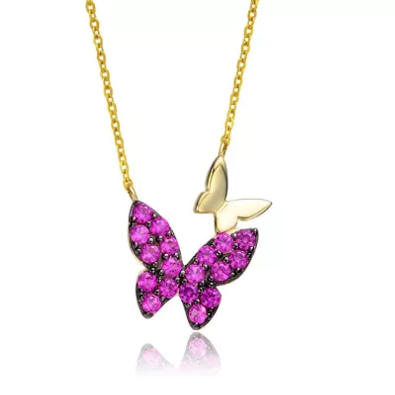 Lab Created Sterling Silver 14K Gold Plated with Ruby Red Cubic Zirconia Double Butterfly Layering Necklace