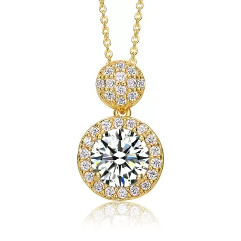 Lab Created Rozzato Sterling Silver 14K Gold Plated with Clear Round Cubic Zirconia Halo and Cluster Necklace