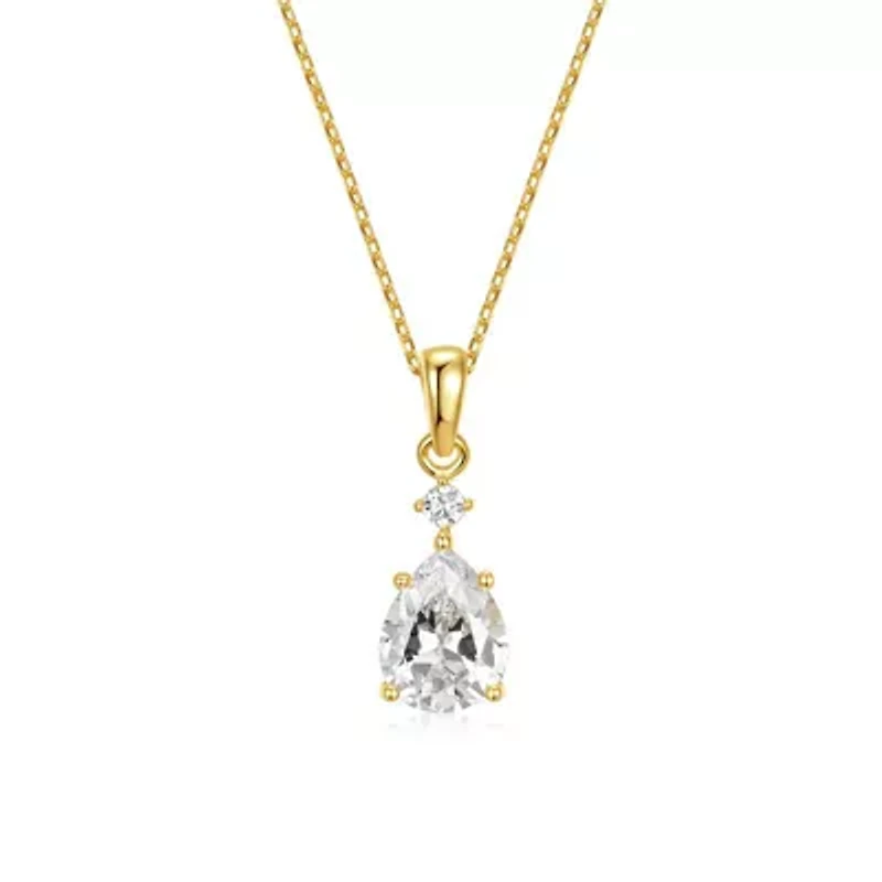 Lab Created Rozzato Sterling Silver 14K Gold Plated with Cubic Zirconia Raindrop Pear 2-Stone Pendant Necklace