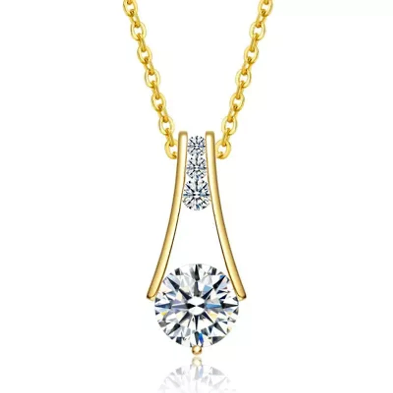 Lab Created Rozzato Sterling Silver 14K Gold Plated with Clear Cubic Zirconia Round Spring Ring Pendant Necklace