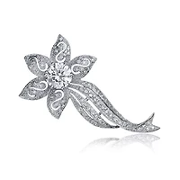 Lab Created Rozzato Sterling Silver White Gold Plated with Clear Cubic Zirconia Flower Pin