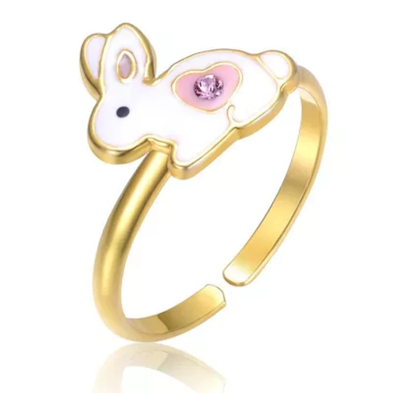 Lab Created Rozzato 14K Gold Plated with White & Pink Enamel Bunny Rabbit Adjustable Ring for Kids