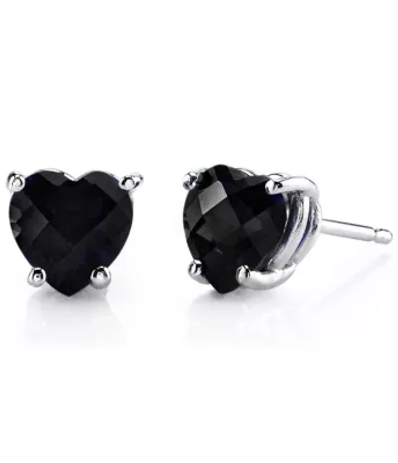 Solid Sterling Silver Created Gemstone Heart Stud Earrings black