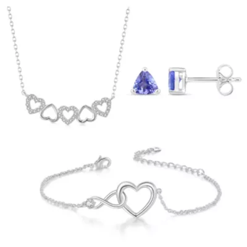 Sterling Silver Heart And Tanzanite Jewelry Bundle: Sterling Silver Heart Necklace, Tanzanite Gemstone Studs, Infinity Heart Bracelet