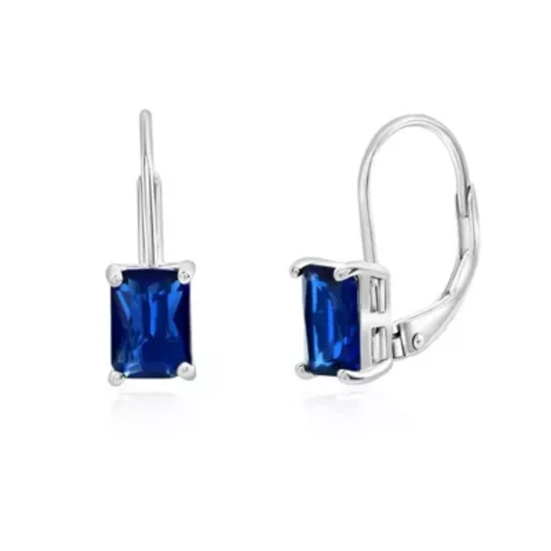 925 Sterling Silver Emerald Cut Blue Sapphire Earrings