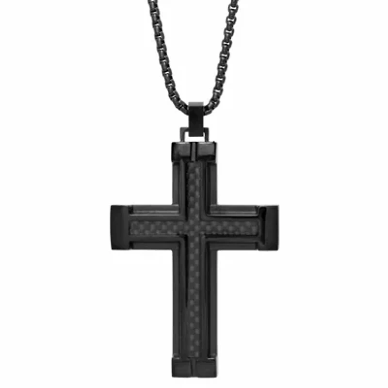 Stainless Steel Cross Pendant with Carbon Fiber and Black Ion Plating