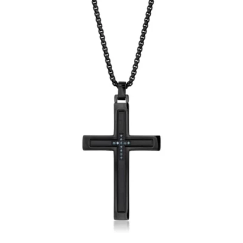 Stainless Steel Cross Pendant with Blue Diamond Accent and Black Ion Plating