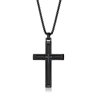 Stainless Steel Cross Pendant with Blue Diamond Accent and Black Ion Plating