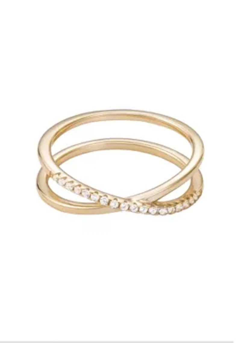 14k Gold Vermeil .925 Sterling Silver CZ Crossed Half Eternity Band Ring