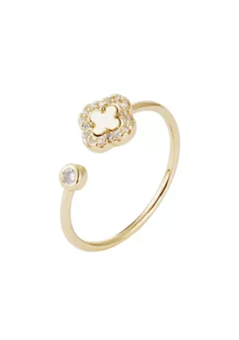 14k Gold Plated CZ Open Band Clover Ring