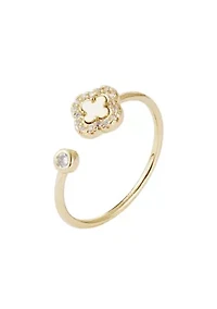 14k Gold Plated CZ Open Band Clover Ring