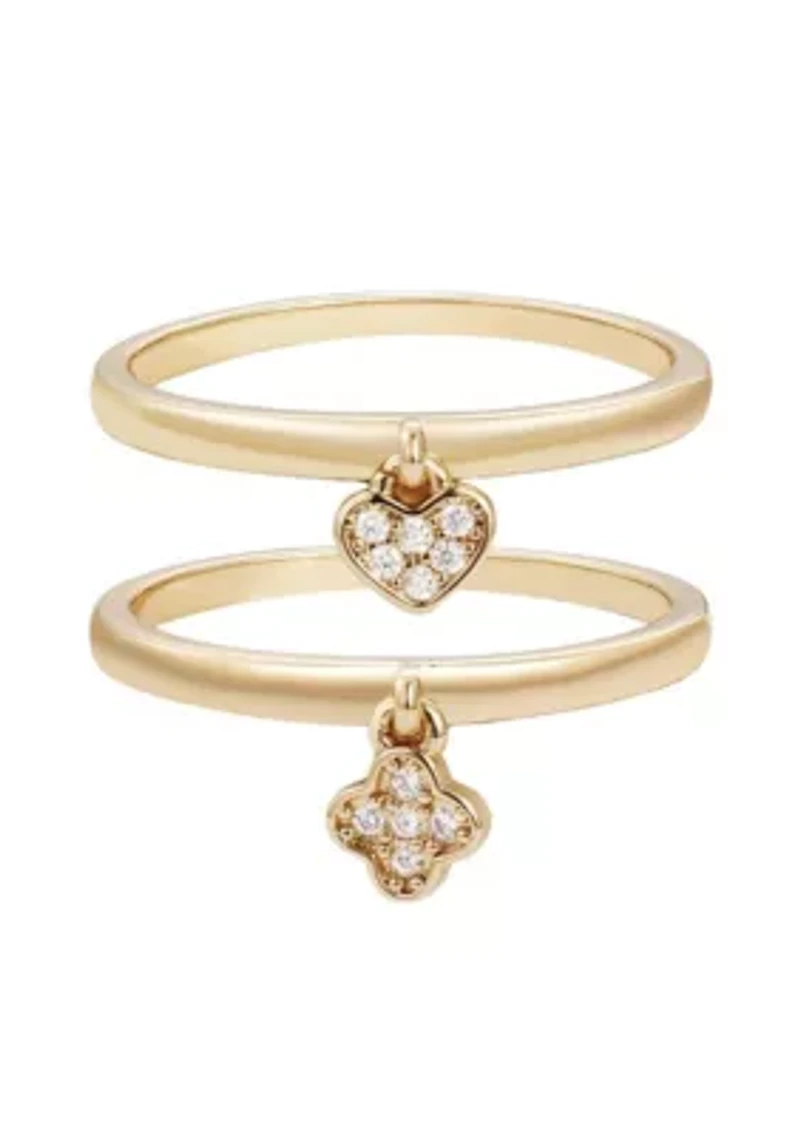 14k Gold Plated Dangling CZ Heart and Clover Rings Set
