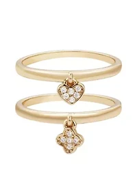 14k Gold Plated Dangling CZ Heart and Clover Rings Set