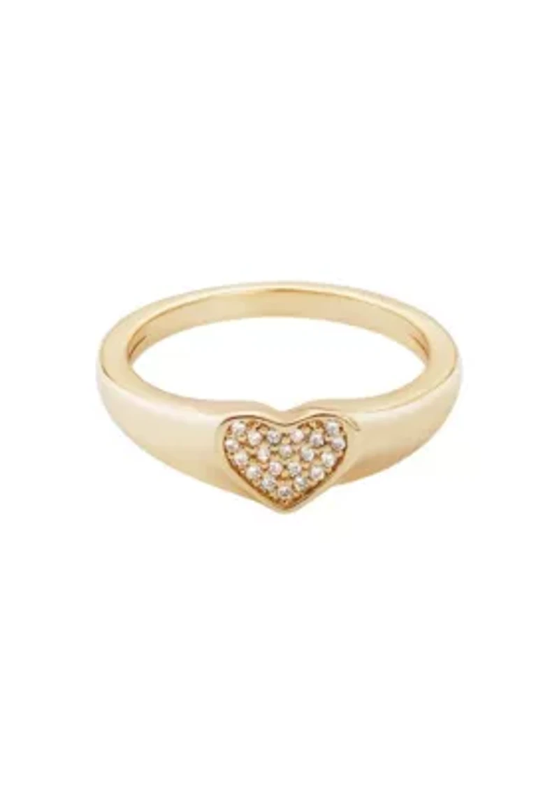 14k Gold Plated CZ Pave Heart Signet Pinky Ring