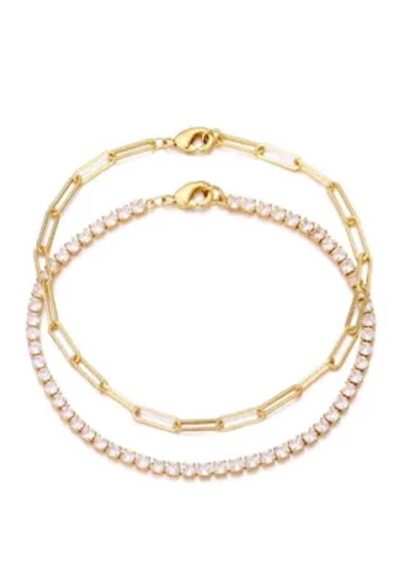 14k Gold Plated Tennis and Paperclip Chain Bracelet Set 8"