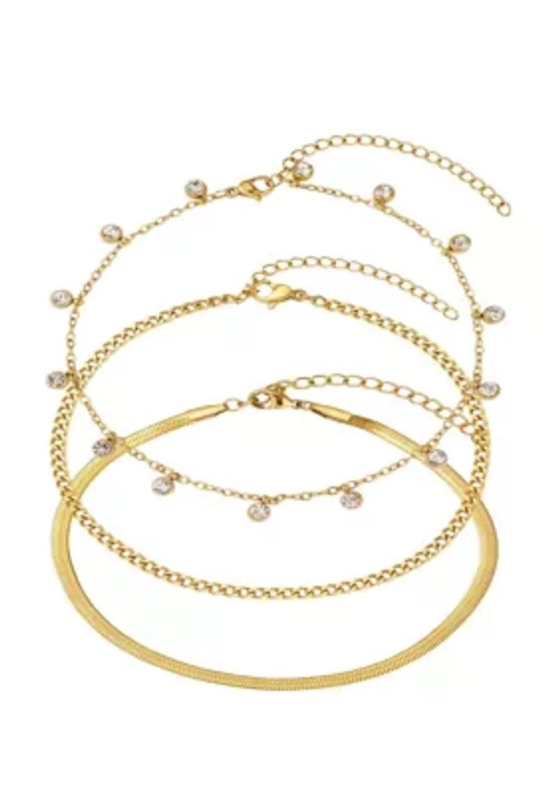 Tarnish Resistant 18k Gold Plated Three Chain Anklet Set