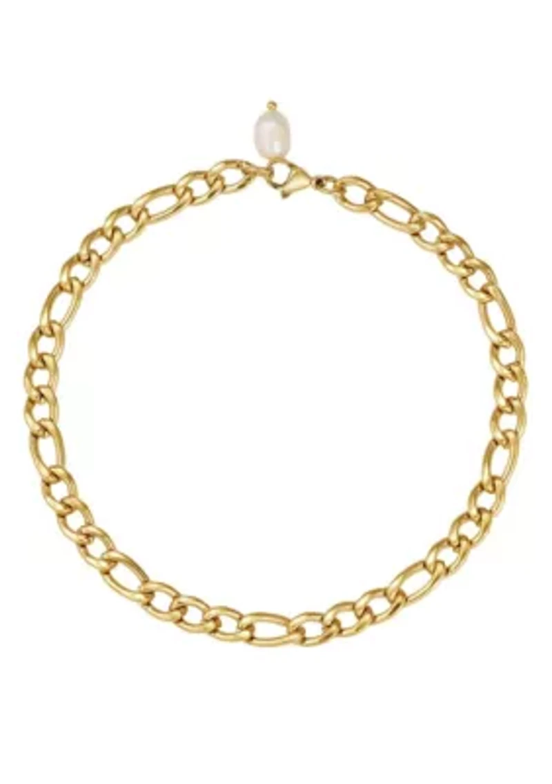 Tarnish Resistant 18k Gold Plated Figaro Chain Freshwater Pearl Anklet