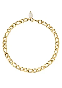 Tarnish Resistant 18k Gold Plated Figaro Chain Freshwater Pearl Anklet