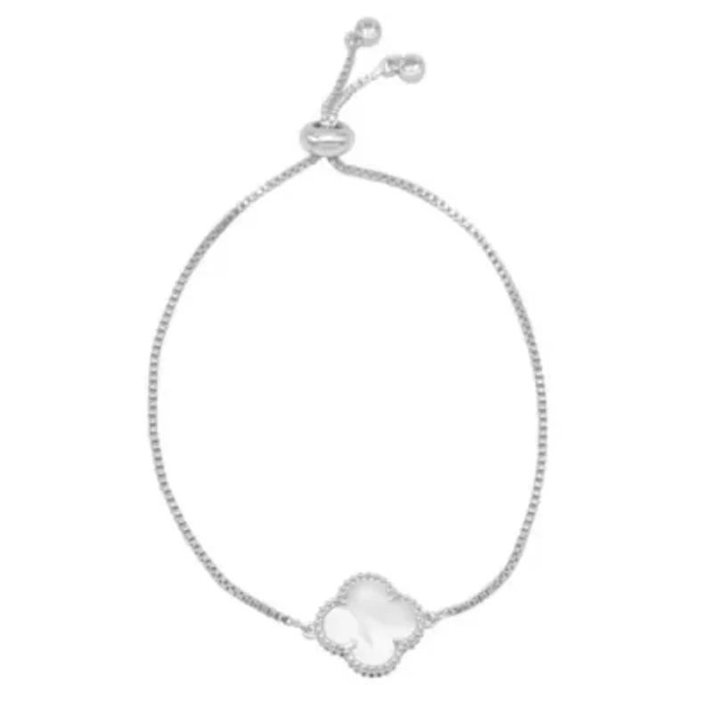 Adjustable Bolo White Mother of Pearl Flower Bracelet silver