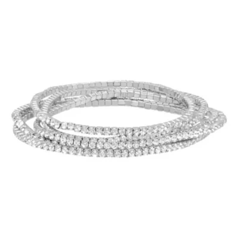 Rhodium Plated Multi Stretch Crystal Bracelet Set