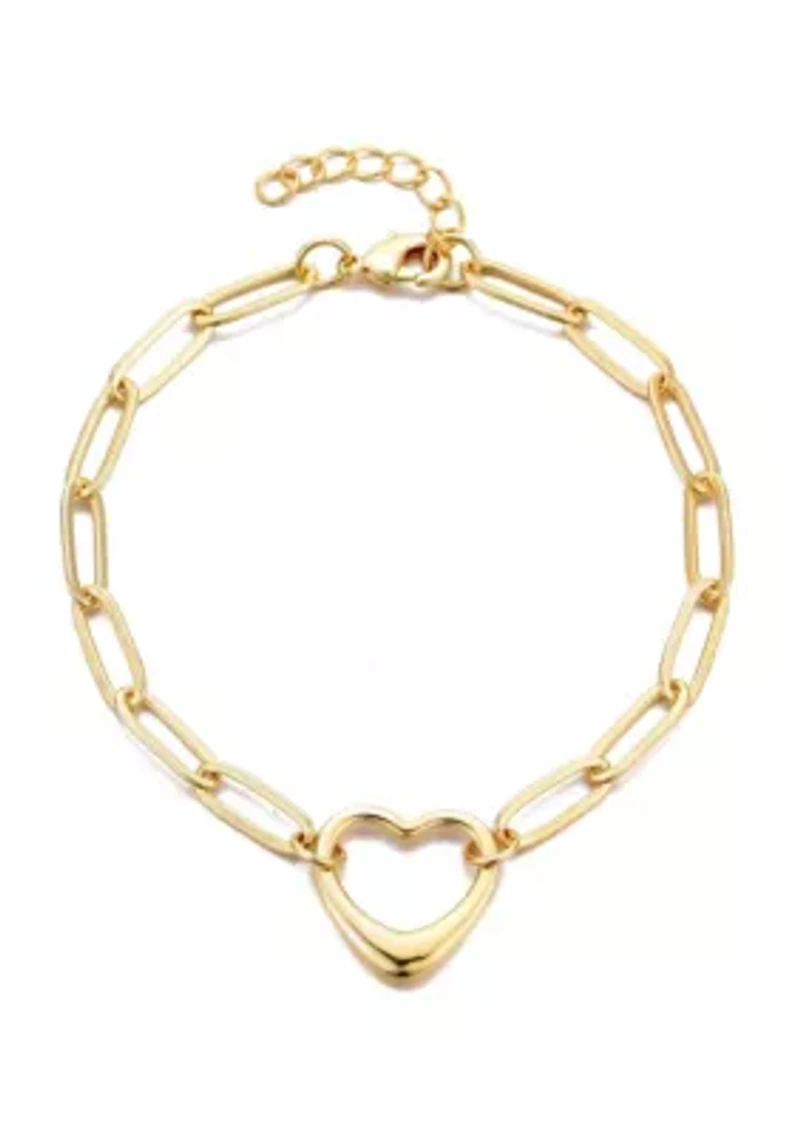 14k Gold Plated Paperclip Chain Outline Heart Bracelet