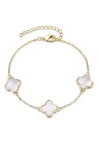14k Yellow Gold Plated White Mother of Pearl Clover Station Bracelet