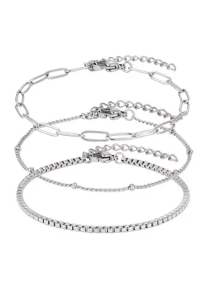 Tarnish Resistant Silver 3-Chain Bracelet Set
