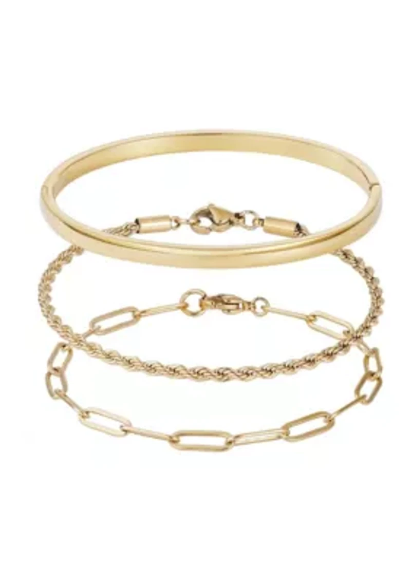 Tarnish Resistant 18k Gold Plated Cuff and Chain Bracelet Set