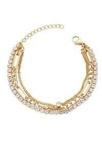 Tarnish Resistant 18k Gold Plated Layered Crystal Tennis 3-Chain Bracelet