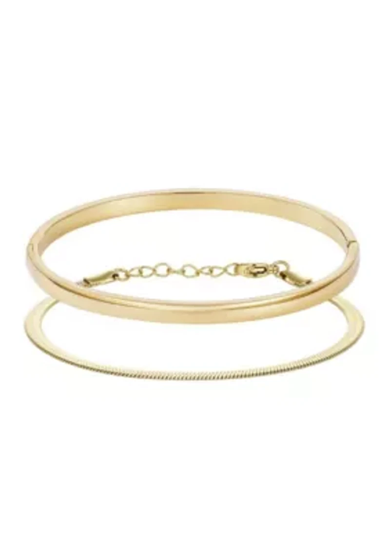 Tarnish Resistant 18k Gold Plated Herringbone and Cuff Bracelet Set