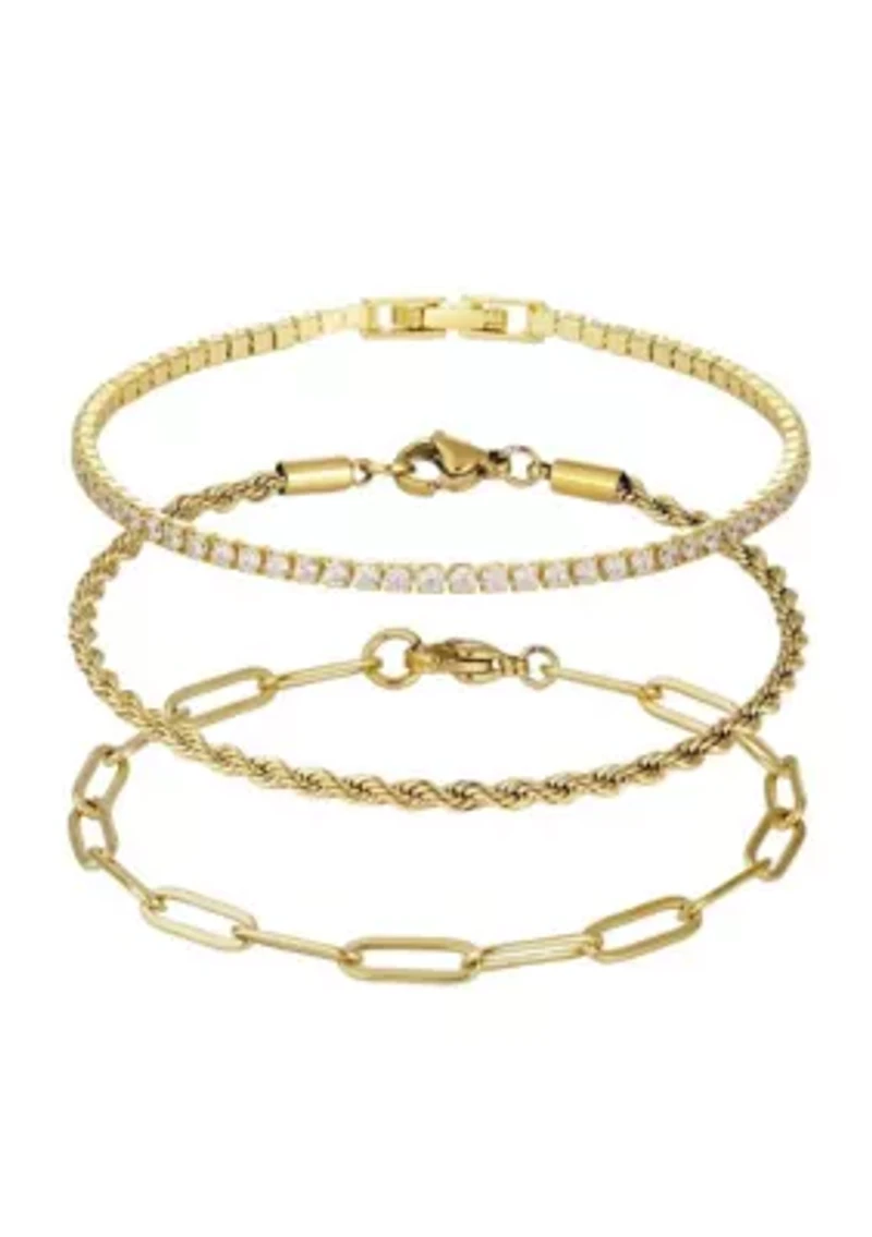 18k Gold Plated Paperclip, Rope, and Tennis Bracelet Set