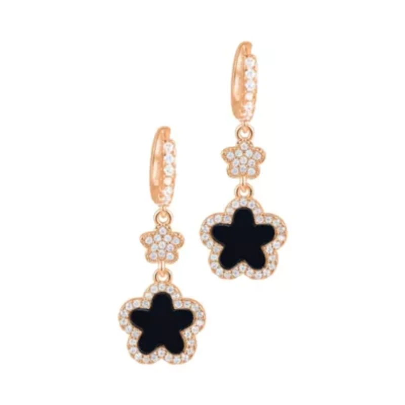 14k Rose Gold Plated Black CZ Clover Earrings