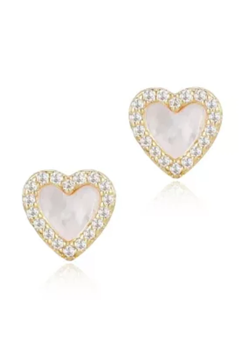 14k Gold Plated Mother of Pearl Mini Halo CZ Heart Studs