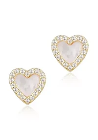 14k Gold Plated Mother of Pearl Mini Halo CZ Heart Studs