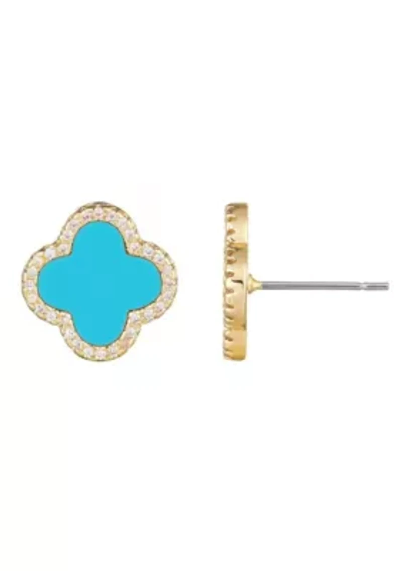 14k Gold Plated Turquoise Halo CZ Clover Stud Earrings