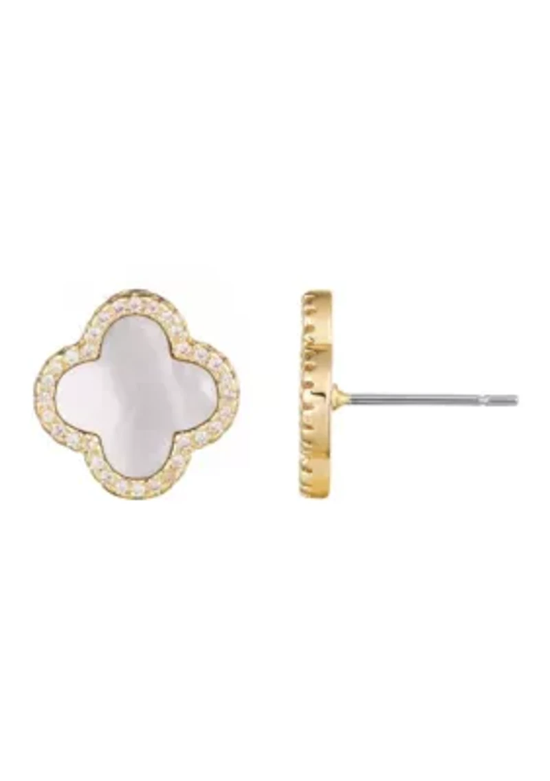 14k Gold Plated Mother of Pearl Halo CZ Clover Stud Earrings
