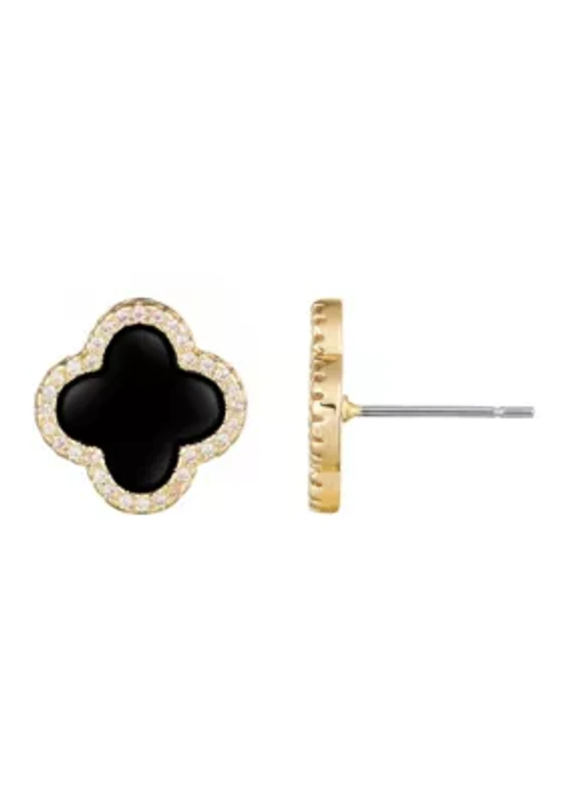 14k Gold Plated Black Halo CZ Clover Stud Earrings